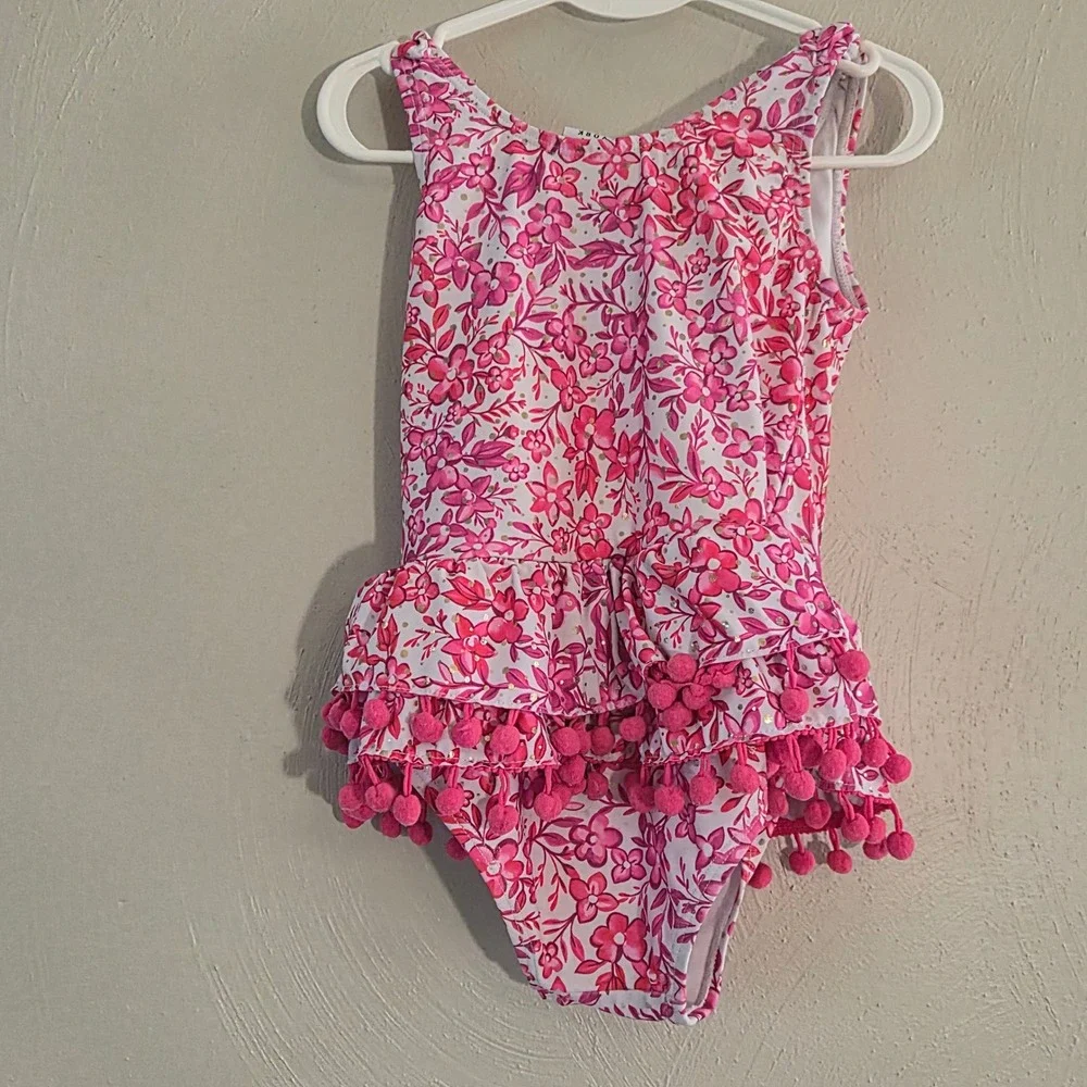 Nicole Miller Girls Floral Ruffle Pom Pom One Piece Swimsuit Sz 6 Preppy Boho
